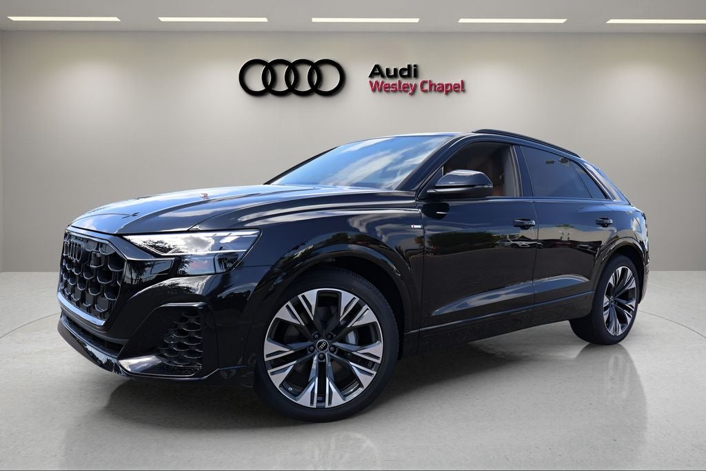 2026 Audi Q8 quattro in Mythos Black Metallic — front three-quarter view