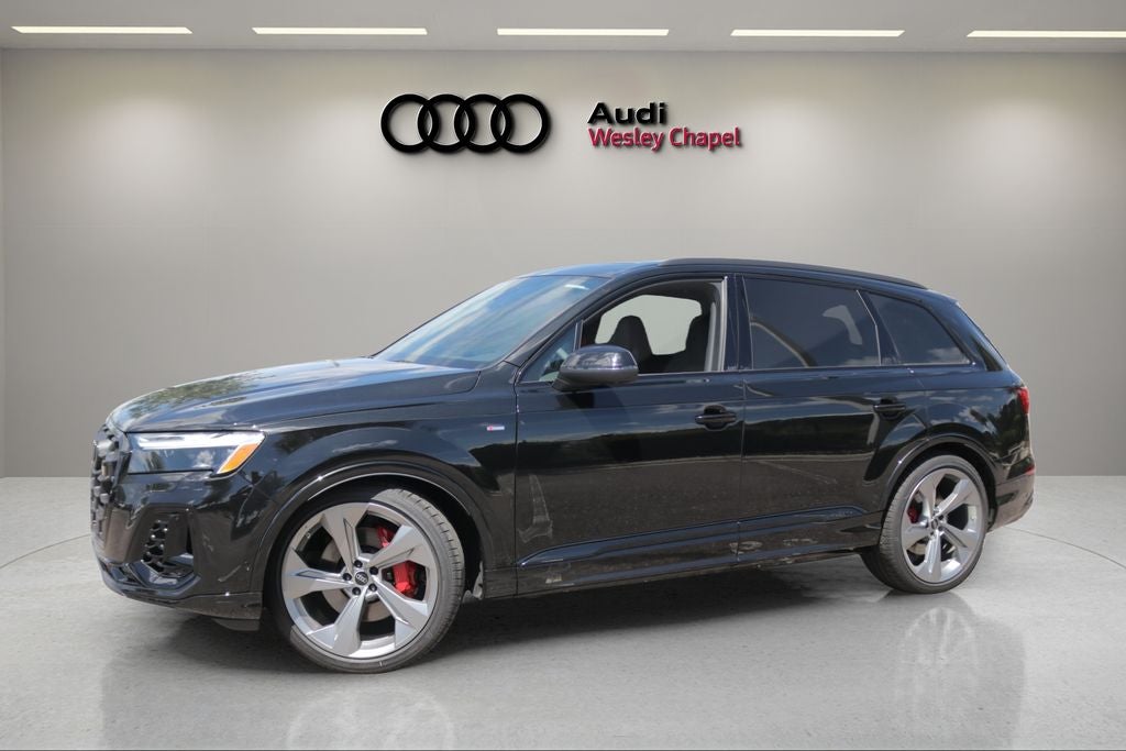 2026 Audi Q7 55 Premium S Line quattro in Mythos Black Metallic — front three-quarter view