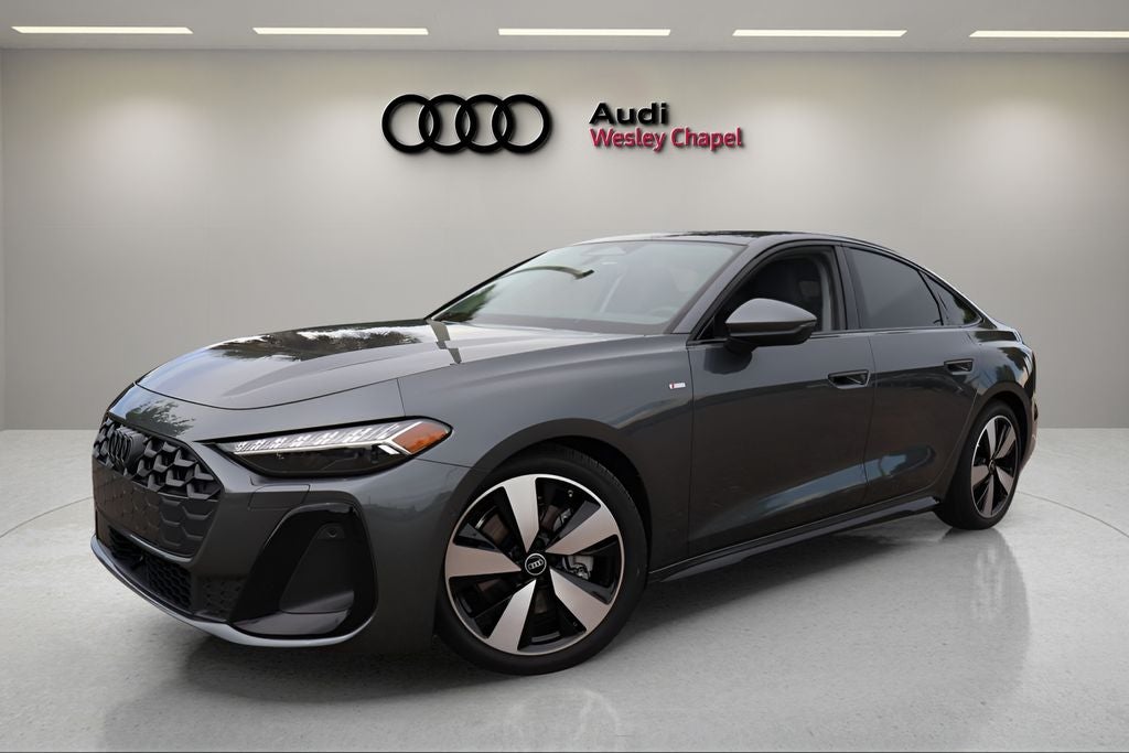 2026 Audi A5 quattro in Daytona Gray Pearl Effect — front three-quarter view