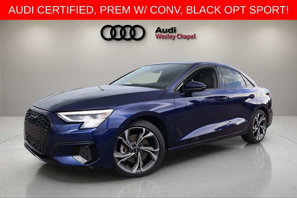 2023 Audi A3 40 Premium FrontTrak in Navarra Blue Metallic — front three-quarter view