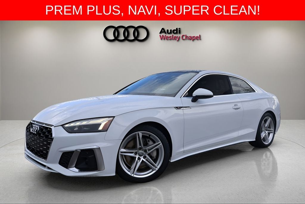 2020 Audi A5 2.0T Premium Plus quattro in Glacier White Metallic — front three-quarter view