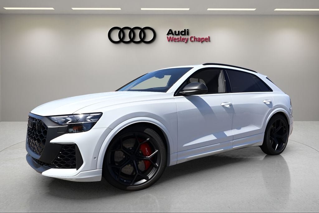 2026 Audi RS Q8 performance 4.0T quattro in Glacier White Metallic — front three-quarter view