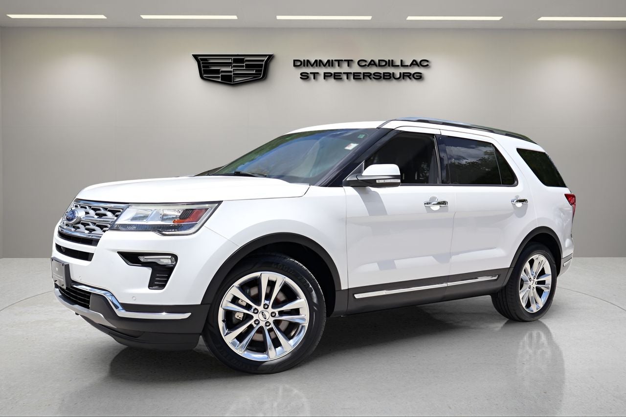 2019 Ford Explorer Limited in White Platinum Clearcoat Metallic — front three-quarter view