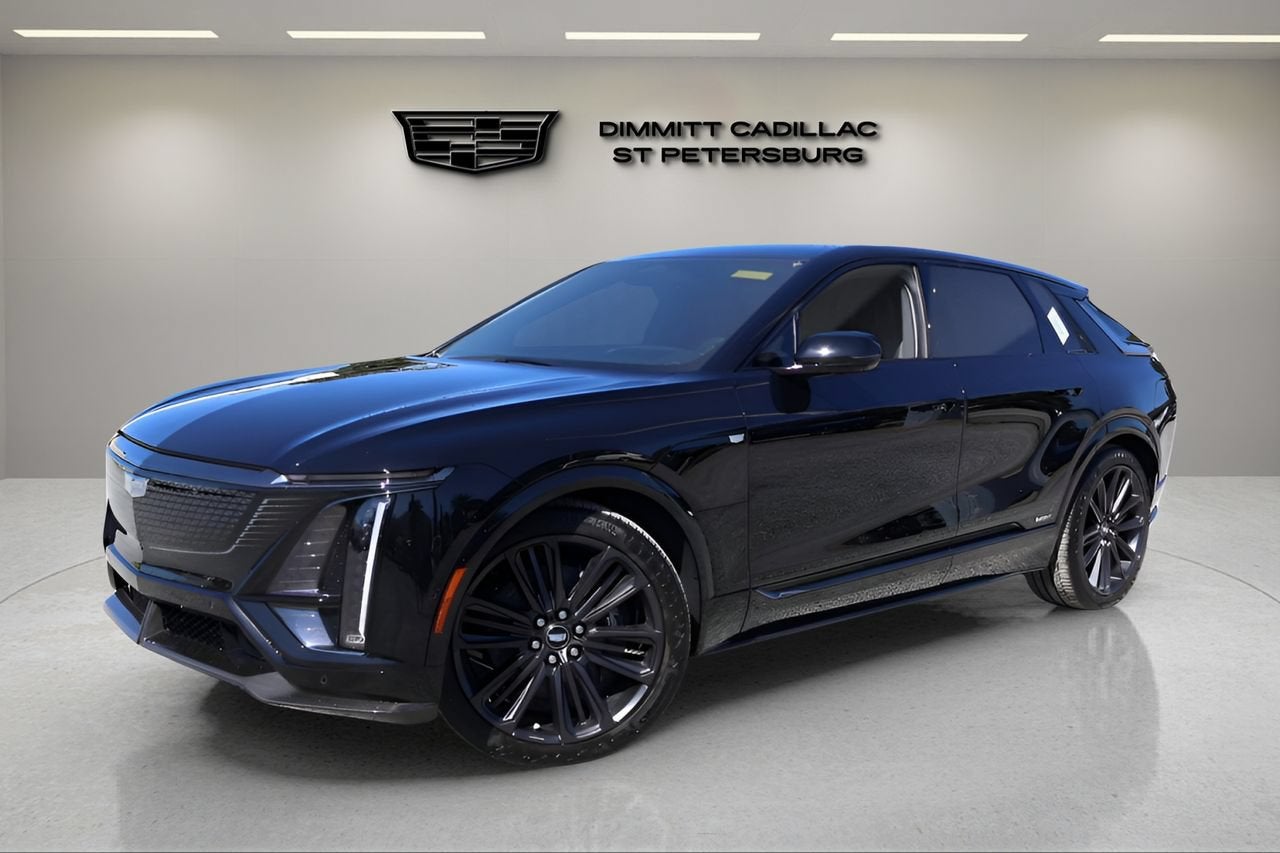 2026 Cadillac LYRIQ V-Series in Stellar Black Metallic — front three-quarter view