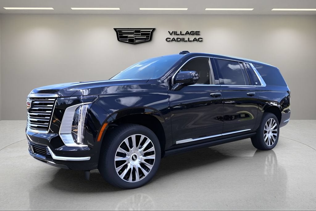 2026 Cadillac Escalade ESV Platinum Luxury in Black Raven — front three-quarter view
