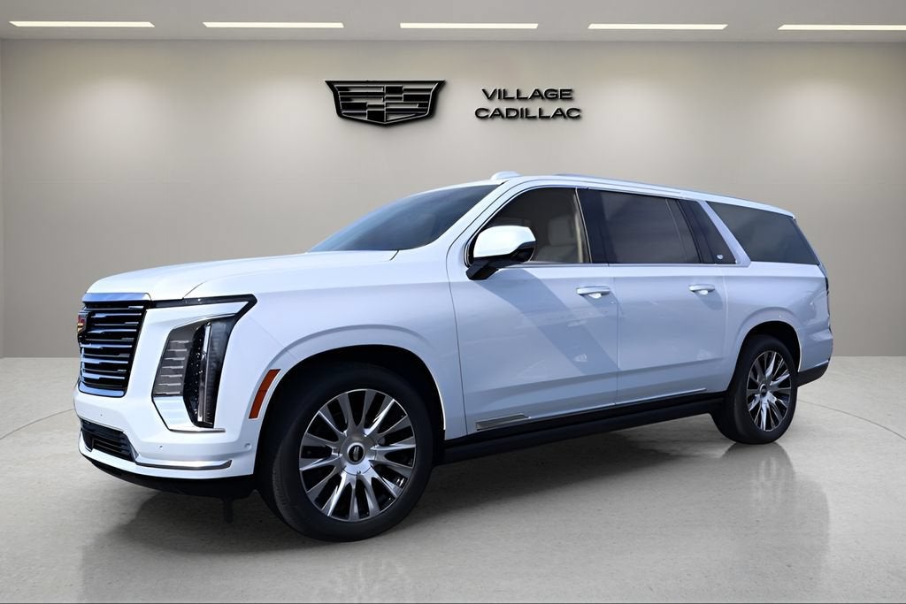 2026 Cadillac Escalade ESV Platinum Luxury in Vibrant White Tricoat — front three-quarter view